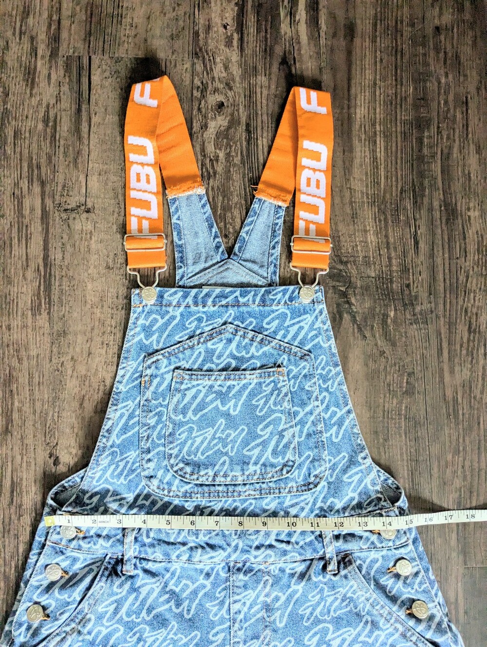 FUBU Logo Print Denim Overalls Blue Orange 2022 F21 Collab - Picture 9 of 14